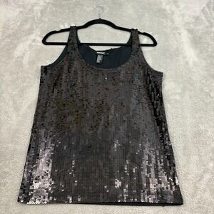 DKNY Sequin Sleeveless Tank Top Women M Black Cotton Stretch Going Out Disco 70s